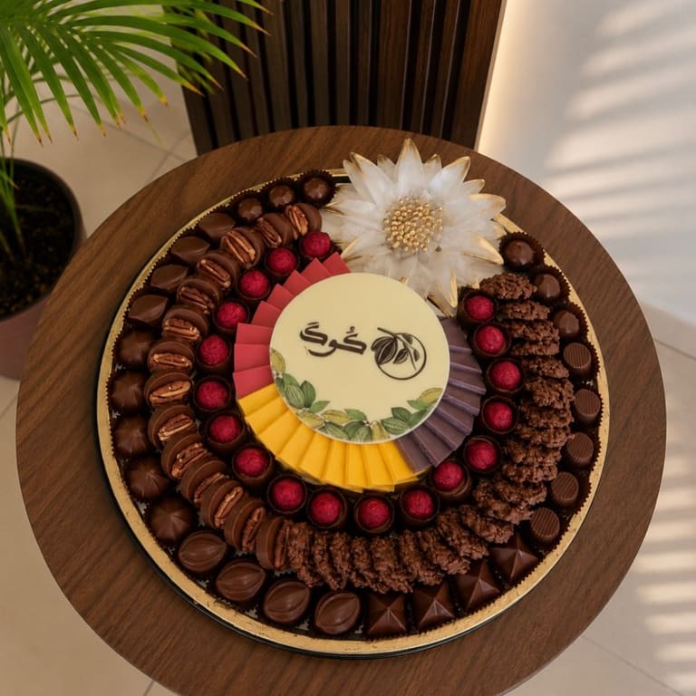 صينية بحلقات من الشوكولاتة الداكنة والتوت والبيكان، وزهرة سكر بيضاء، وقرص بشعار كوك في الوسط